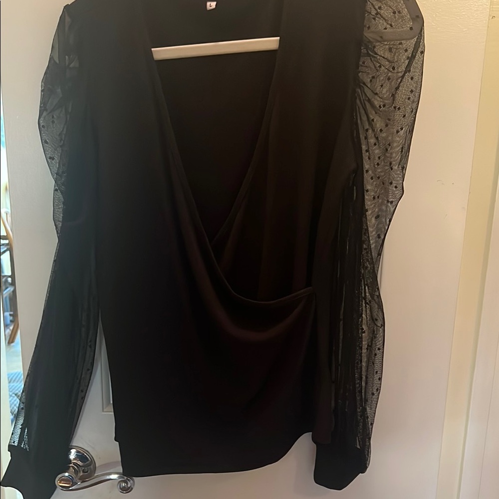NWOT Elegant Black Wrap Blouse with Sheer Sleeves